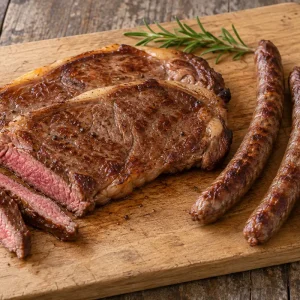 Faux-filets et saucisses de bœuf cuits — suggestion de présentation du colis P’tit Fast-Good 5 kg